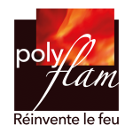 Un logo comportant le texte « Polyflam » avec « Poly » en blanc et « flam » en police cursive blanche. Derrière le texte, une image de flammes en rouge et orange est visible. Sous le texte principal, le slogan « Réinventer le feu » est écrit en noir.